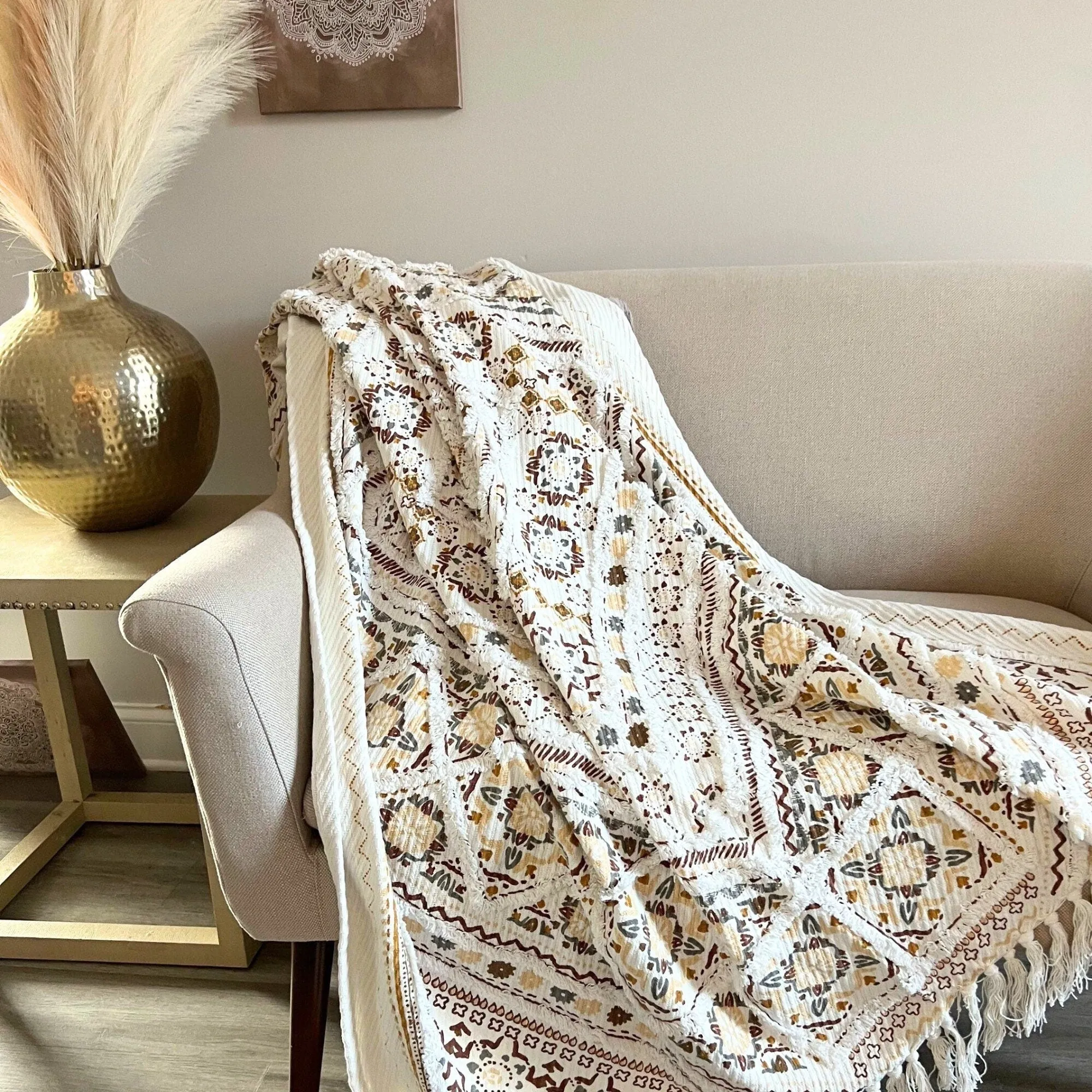 Handmade Boho Throw Blanket For Couch, Tufted Throw Blanket, Woven Throw Blanket, Bohemian Decor, Unique Gift for her