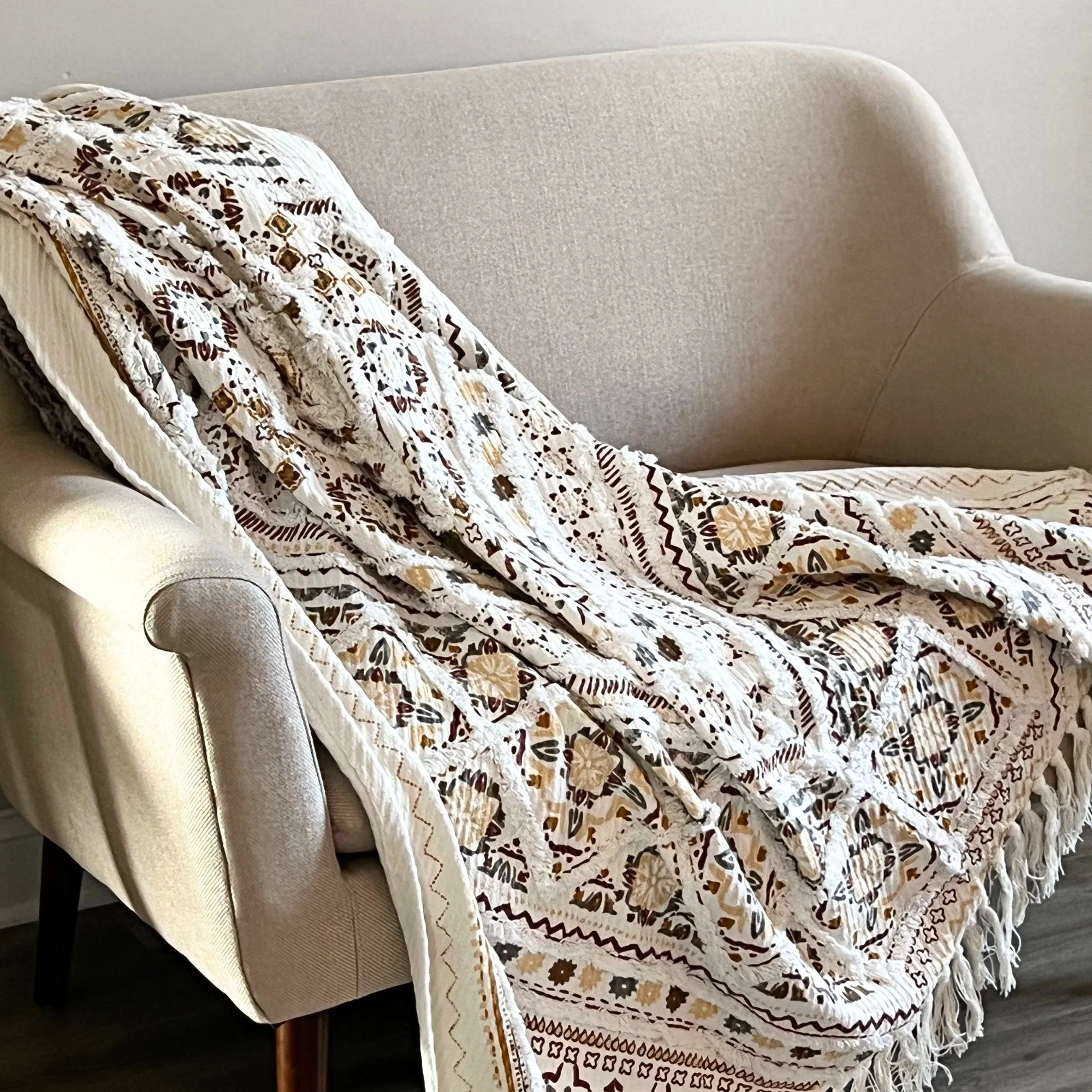 Handmade Boho Throw Blanket For Couch, Tufted Throw Blanket, Woven Throw Blanket, Bohemian Decor, Unique Gift for her