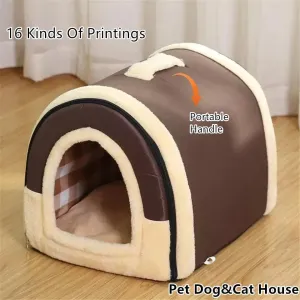 Portable Handle Type House For Cats 16 Kinds Printings Semi-enclosed 3D Plush Removable&Washable Warm Cat Villa Tent