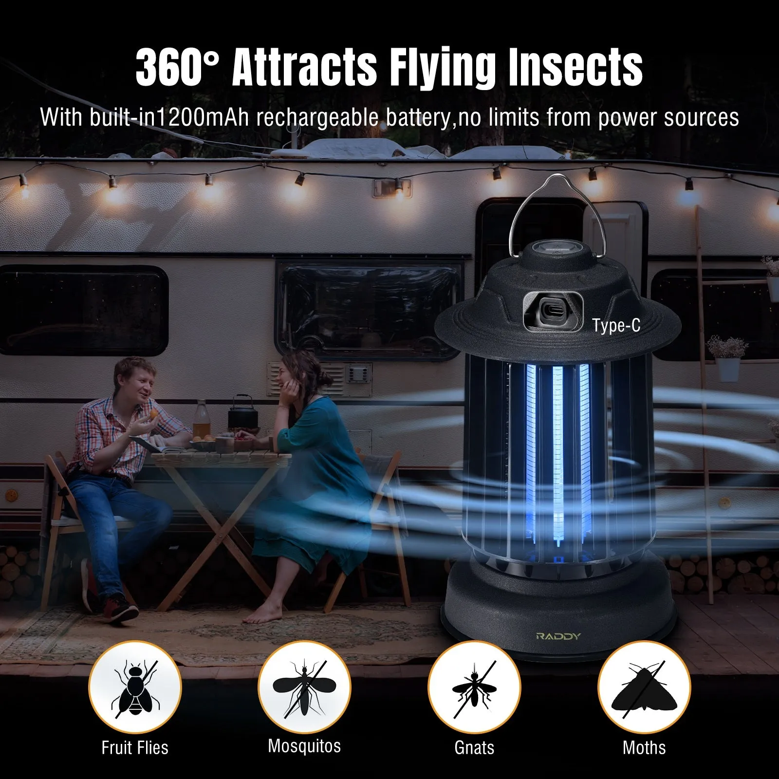 Raddy MZ-1 Outdoor Bug Zapper | Auto Self-Cleaning Brush | IPX4 | 1200mAh Rechargeable Battery